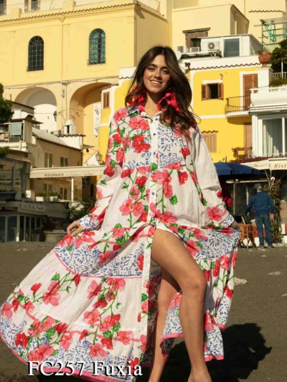 Antica Sartoria 2026 Floral Fuchsia & Green Maxi Shirt Dress NWT S/M